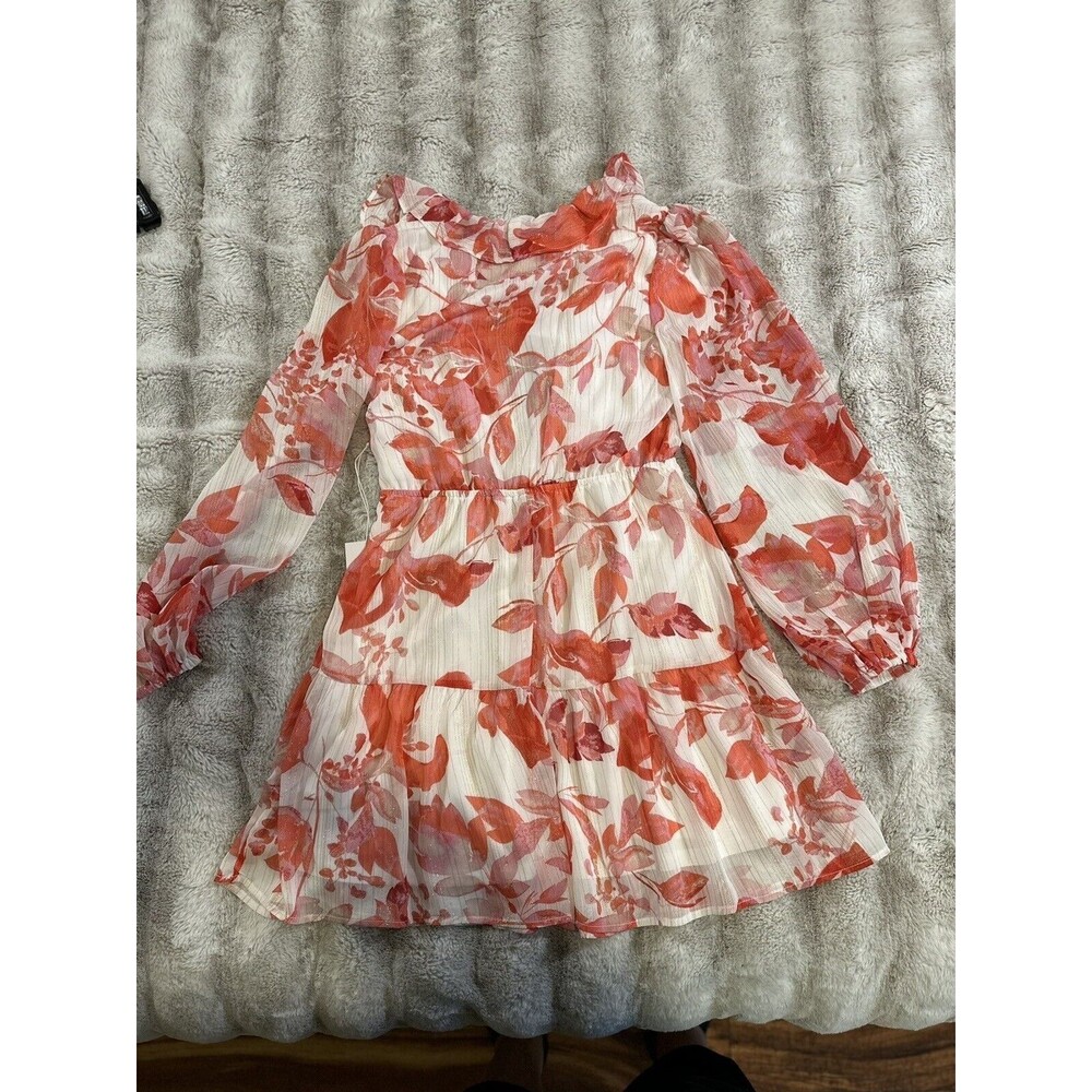 Mimi Chica Floral pink Long Sleeve Ruffle Tie Dress Size Small Chifon Mini - Picture 11 of 14